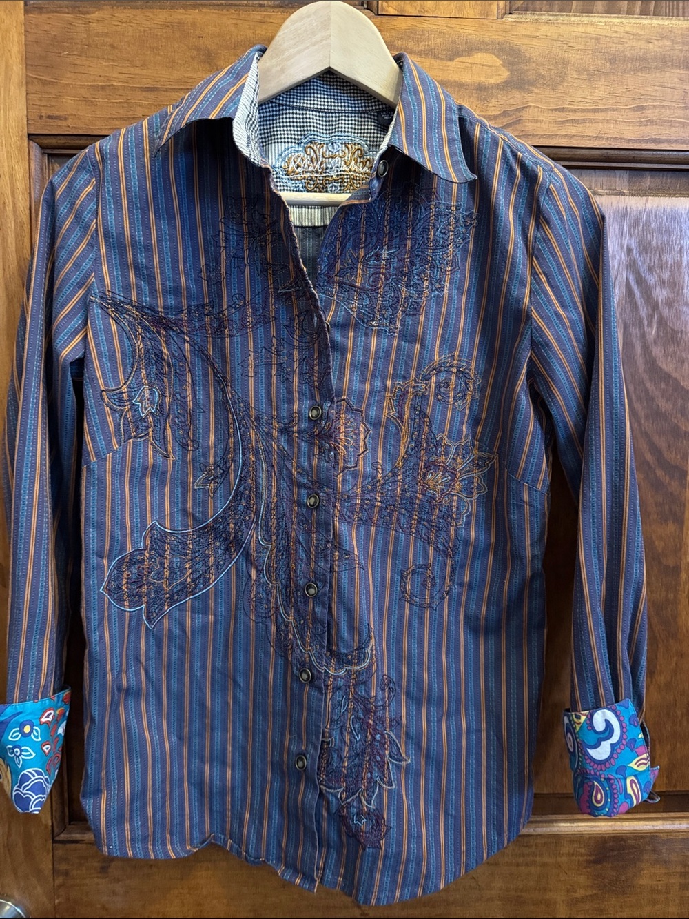 Robert Graham women’s striped embroidered shirt contrast flip cuffs XS